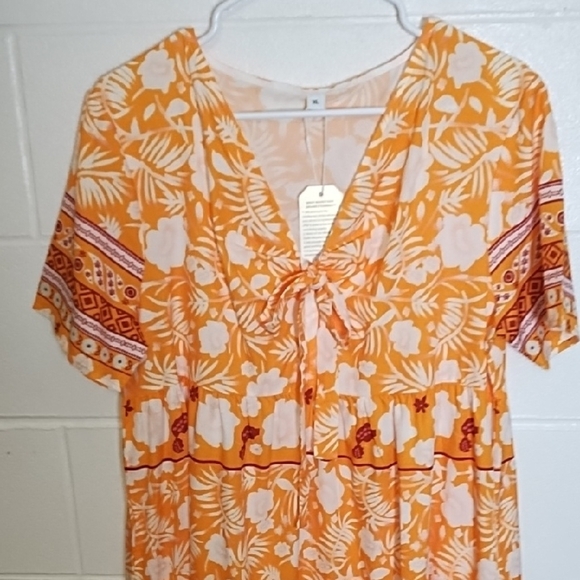 Orange and White Border Print Empire Waist Cool Loose Dress V-neck Pockets - Picture 14 of 16